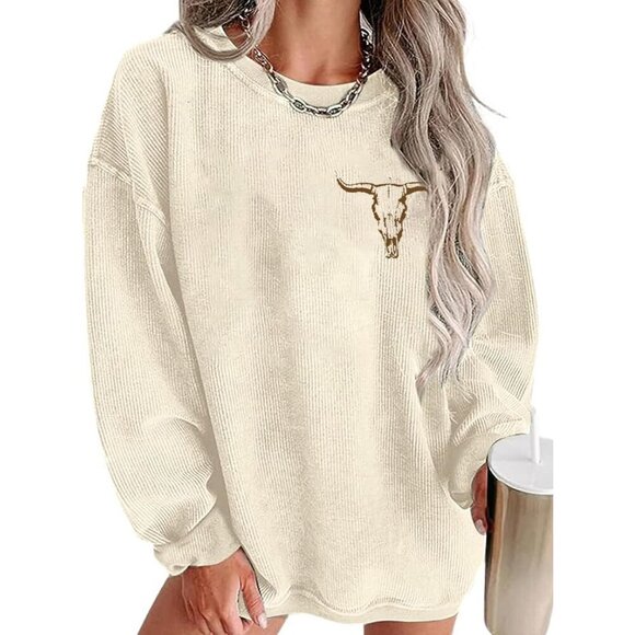 Tops - Women's Apricot Cowgirl Rodeo Western Country Concert Boho Cow Skull Sweatshirt